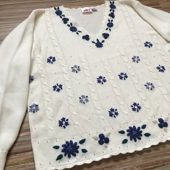 Alia White Cable Knit Pullover Sweater with Blue Floral Embroidery & Beading - Picture 1 of 7
